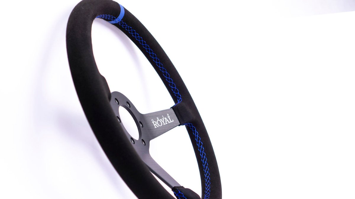 Grip Royal Brute 350mm Deep Dish Steering Wheel w/ Black Suede Grip, Blue Stitching and Blue Leather TDC Stripe - GRSW - BRT - S - BKBL - TDCBL - Subimods.com