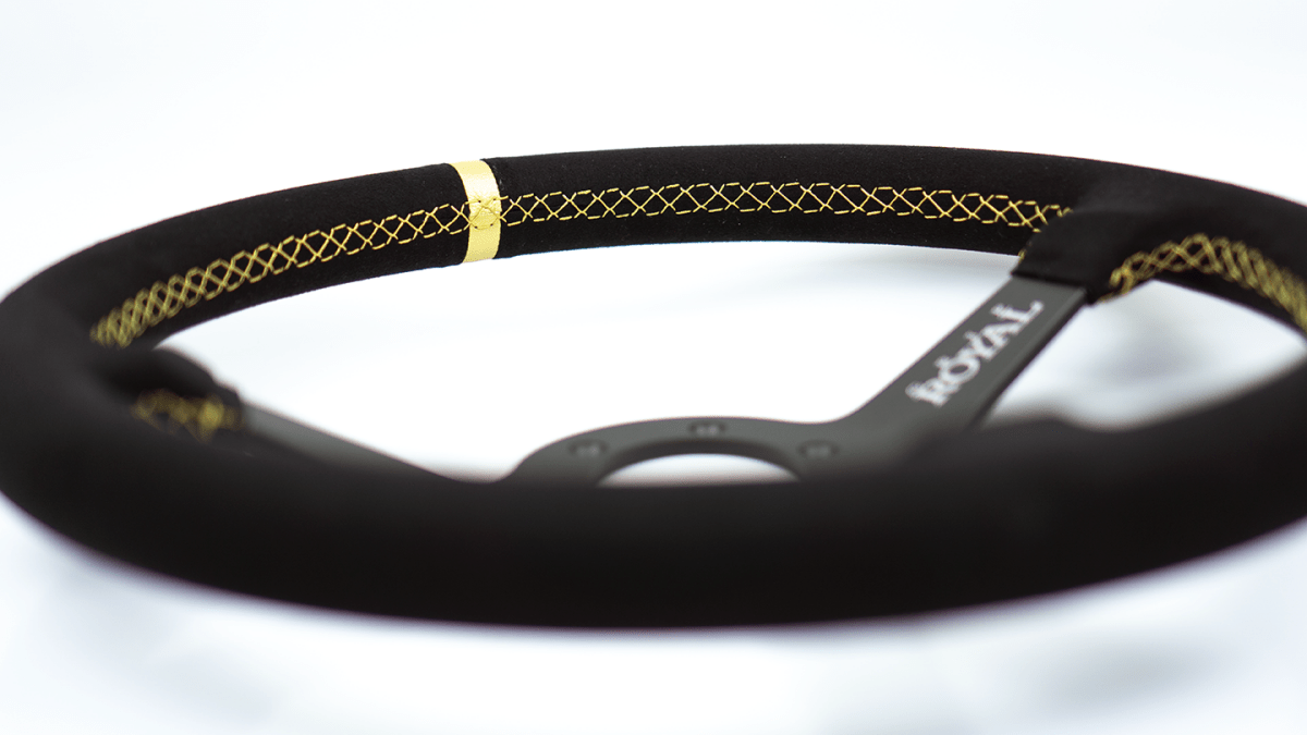 Grip Royal Brute 350mm Deep Dish Steering Wheel w/ Black Suede Grip, Gold Stitching and Gold Leather TDC Stripe - GRSW - BRT - S - BKGD - TDCGD - Subimods.com