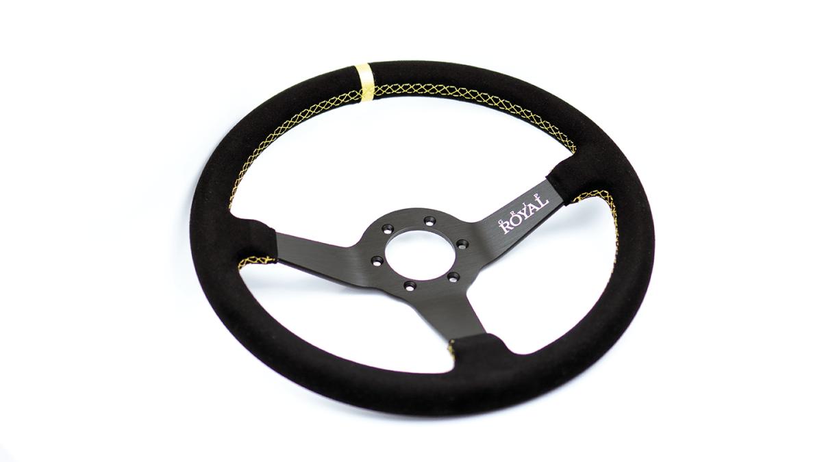 Grip Royal Brute 350mm Deep Dish Steering Wheel w/ Black Suede Grip, Gold Stitching and Gold Leather TDC Stripe - GRSW - BRT - S - BKGD - TDCGD - Subimods.com
