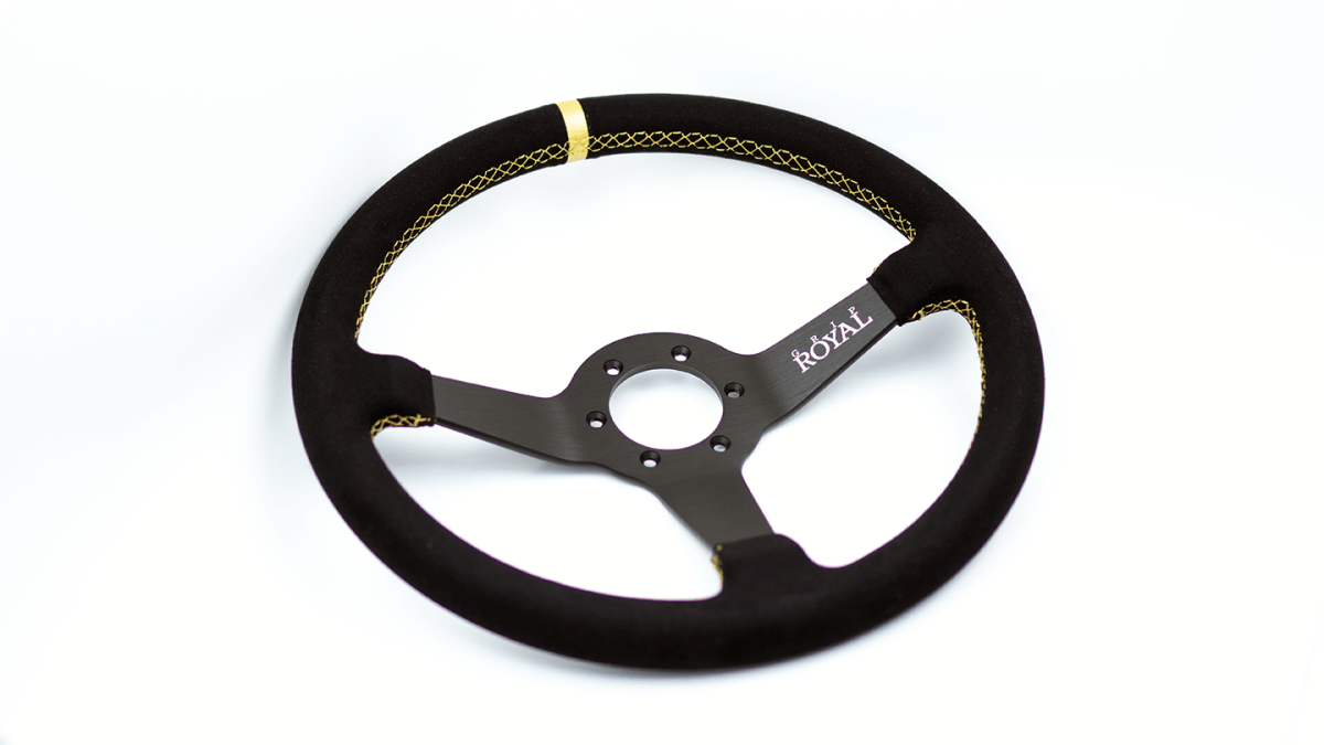 Grip Royal Brute 350mm Deep Dish Steering Wheel w/ Black Suede Grip, Gold Stitching and Gold Leather TDC Stripe - GRSW - BRT - S - BKGD - TDCGD - Subimods.com