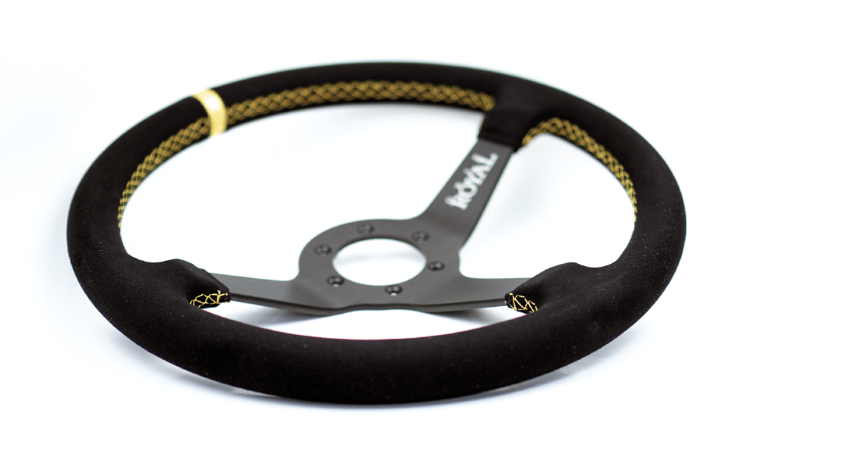 Grip Royal Brute 350mm Deep Dish Steering Wheel w/ Black Suede Grip, Gold Stitching and Gold Leather TDC Stripe - GRSW - BRT - S - BKGD - TDCGD - Subimods.com