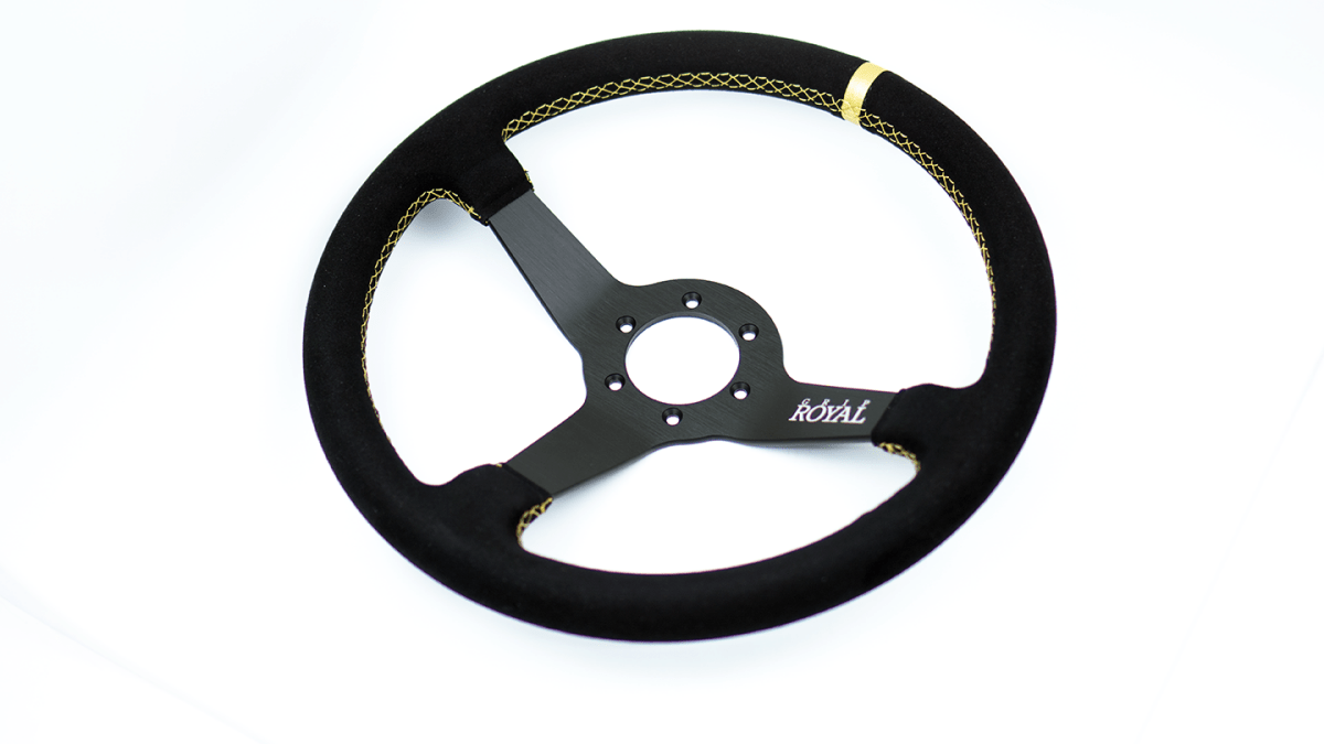 Grip Royal Brute 350mm Deep Dish Steering Wheel w/ Black Suede Grip, Gold Stitching and Gold Leather TDC Stripe - GRSW - BRT - S - BKGD - TDCGD - Subimods.com