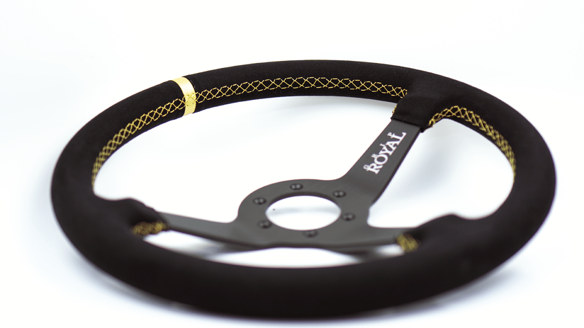 Grip Royal Brute 350mm Deep Dish Steering Wheel w/ Black Suede Grip, Gold Stitching and Gold Leather TDC Stripe - GRSW - BRT - S - BKGD - TDCGD - Subimods.com