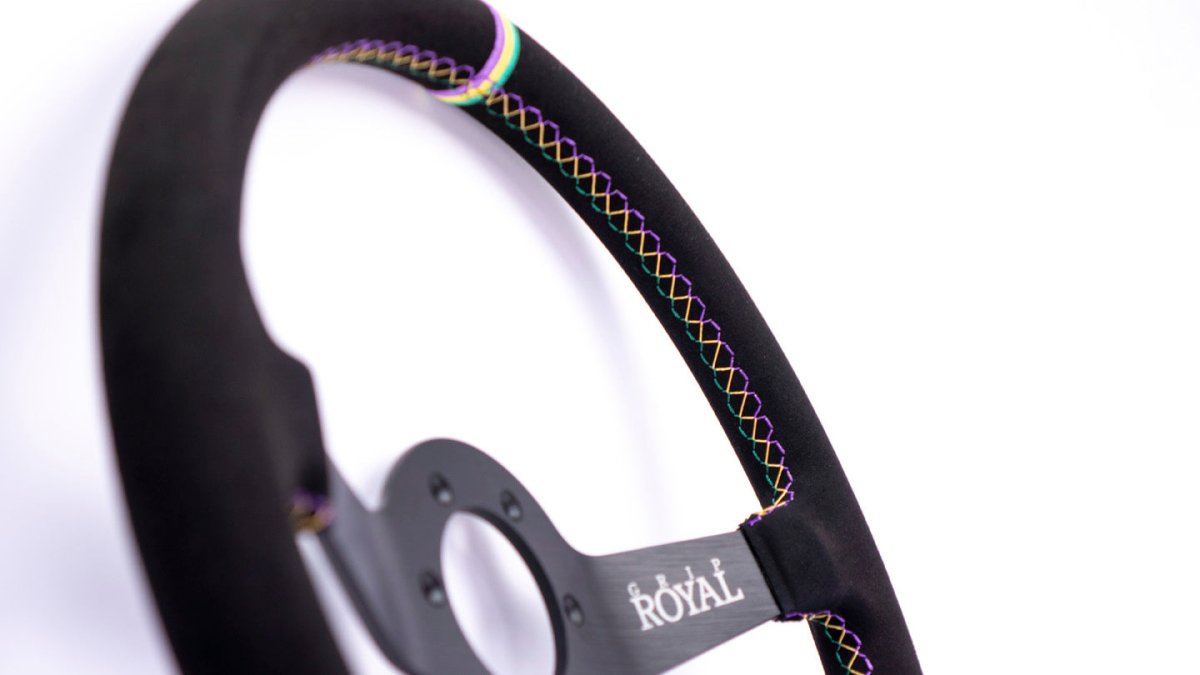 Grip Royal Brute 350mm Deep Dish Steering Wheel w/ Black Suede Grip, Mardi Gras Stitching, and Mardi Gras TDC Stripe - GRSW - BRT - S - BK - NOLA - TDC - Subimods.com