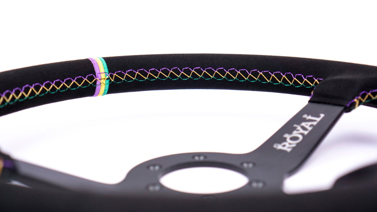 Grip Royal Brute 350mm Deep Dish Steering Wheel w/ Black Suede Grip, Mardi Gras Stitching, and Mardi Gras TDC Stripe - GRSW - BRT - S - BK - NOLA - TDC - Subimods.com