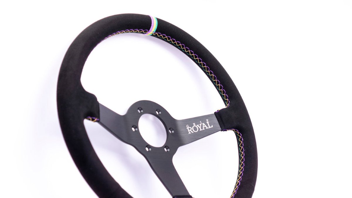 Grip Royal Brute 350mm Deep Dish Steering Wheel w/ Black Suede Grip, Mardi Gras Stitching, and Mardi Gras TDC Stripe - GRSW - BRT - S - BK - NOLA - TDC - Subimods.com