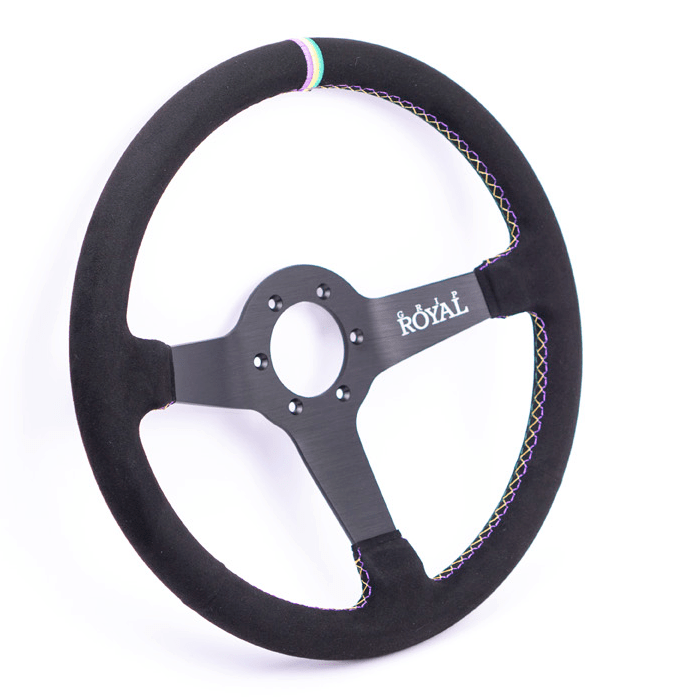 Grip Royal Brute 350mm Deep Dish Steering Wheel w/ Black Suede Grip, Mardi Gras Stitching, and Mardi Gras TDC Stripe - GRSW - BRT - S - BK - NOLA - TDC - Subimods.com