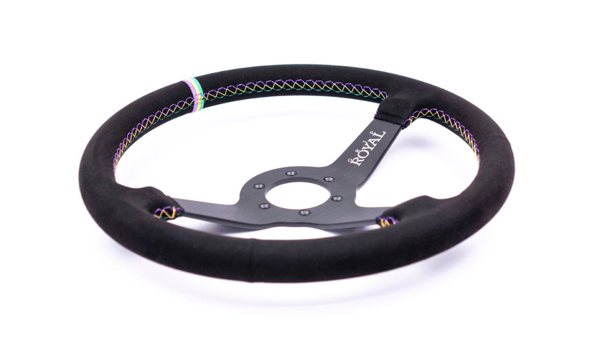 Grip Royal Brute 350mm Deep Dish Steering Wheel w/ Black Suede Grip, Mardi Gras Stitching, and Mardi Gras TDC Stripe - GRSW - BRT - S - BK - NOLA - TDC - Subimods.com
