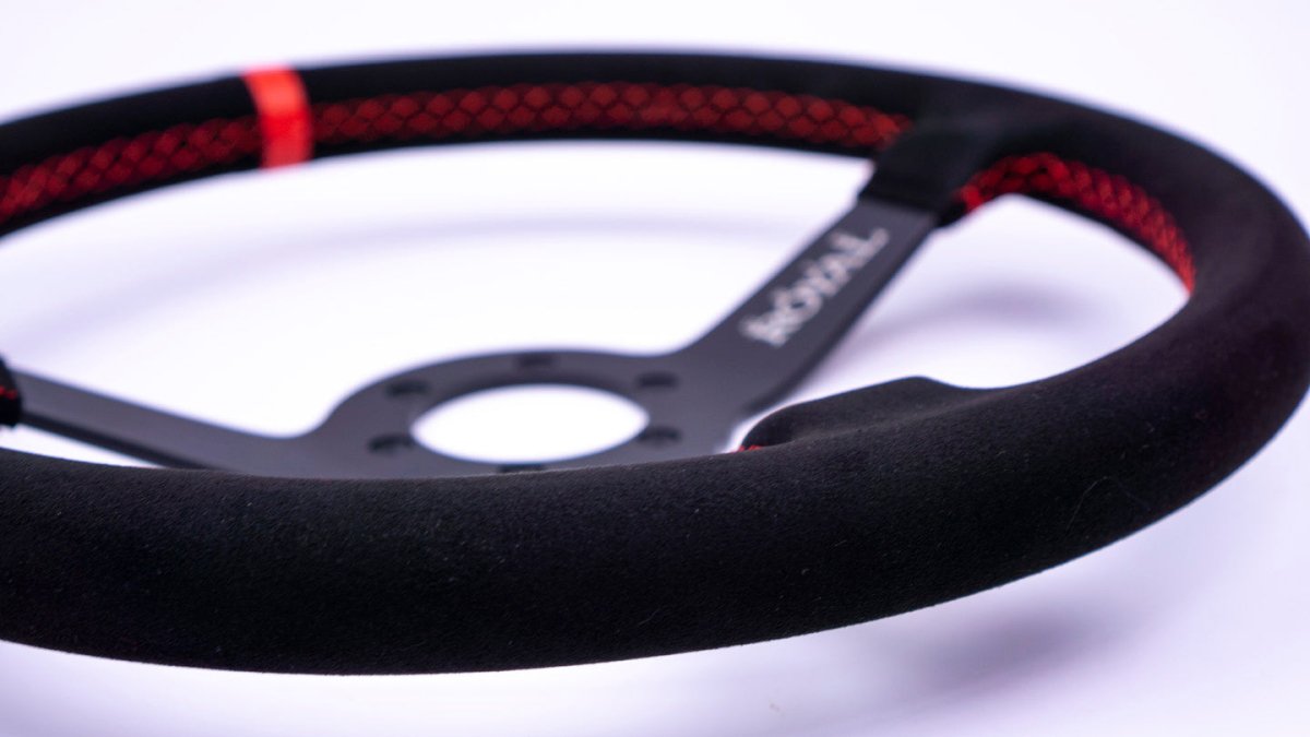 Grip Royal Brute 350mm Deep Dish Steering Wheel w/ Black Suede Grip, Red Stitching, and Red TDC Stripe - GRSW - BRT - S - BKRD - TDCRD - Subimods.com
