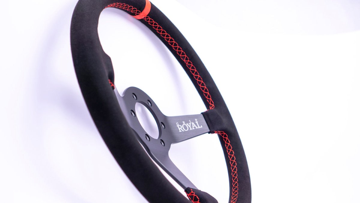 Grip Royal Brute 350mm Deep Dish Steering Wheel w/ Black Suede Grip, Red Stitching, and Red TDC Stripe - GRSW - BRT - S - BKRD - TDCRD - Subimods.com