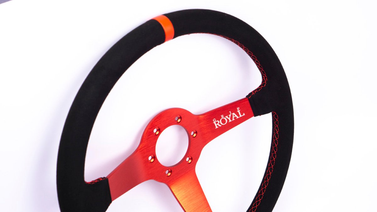Grip Royal Brute 350mm Deep Dish Steering Wheel w/ Black Suede Grip, Red Stitching, Red TDC Stripe and Red Center - GRSW - BRT - S - BKRD - TDC - RD - RED - Subimods.com