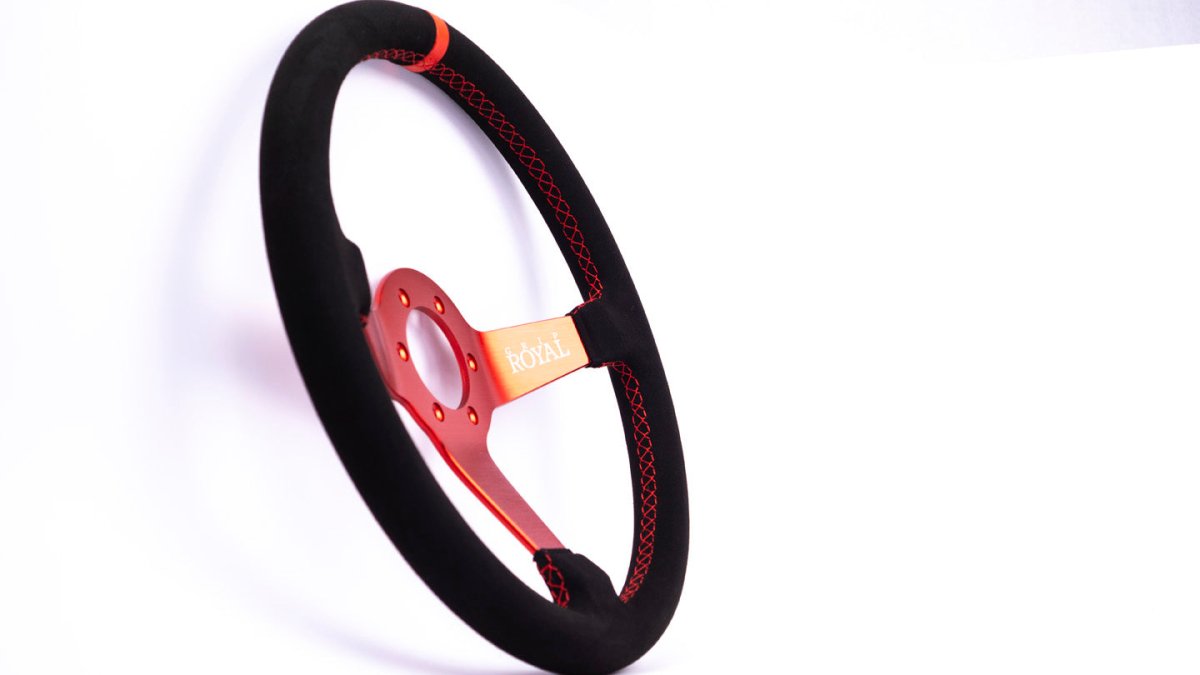 Grip Royal Brute 350mm Deep Dish Steering Wheel w/ Black Suede Grip, Red Stitching, Red TDC Stripe and Red Center - GRSW - BRT - S - BKRD - TDC - RD - RED - Subimods.com
