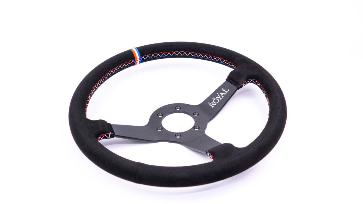 Grip Royal Brute 350mm Deep Dish Steering Wheel w/ Black Suede Grip, Red White Blue Stitching and USA TDC Stripe - GRSW - BRT - S - BK - USA - TDC - Subimods.com