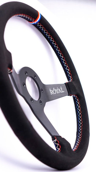 Grip Royal Brute 350mm Deep Dish Steering Wheel w/ Black Suede Grip, Red White Blue Stitching and USA TDC Stripe - GRSW - BRT - S - BK - USA - TDC - Subimods.com