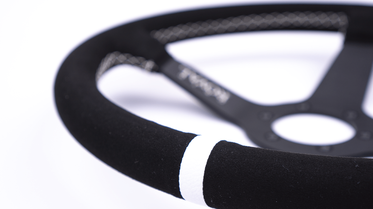 Grip Royal Brute 350mm Deep Dish Steering Wheel w/ Black Suede Grip, White Stitching, and White TDC Stripe - GRSW - BRT - S - BKWH - TDCWH - Subimods.com