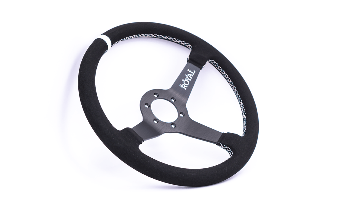 Grip Royal Brute 350mm Deep Dish Steering Wheel w/ Black Suede Grip, White Stitching, and White TDC Stripe - GRSW - BRT - S - BKWH - TDCWH - Subimods.com