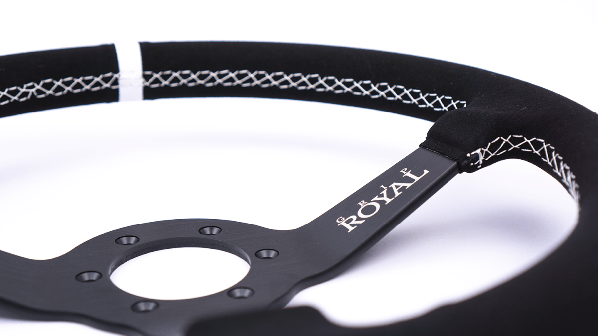 Grip Royal Brute 350mm Deep Dish Steering Wheel w/ Black Suede Grip, White Stitching, and White TDC Stripe - GRSW - BRT - S - BKWH - TDCWH - Subimods.com