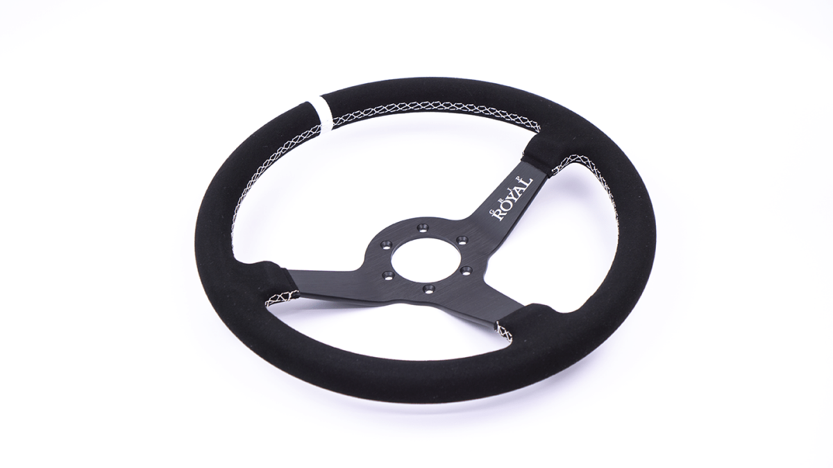 Grip Royal Brute 350mm Deep Dish Steering Wheel w/ Black Suede Grip, White Stitching, and White TDC Stripe - GRSW - BRT - S - BKWH - TDCWH - Subimods.com