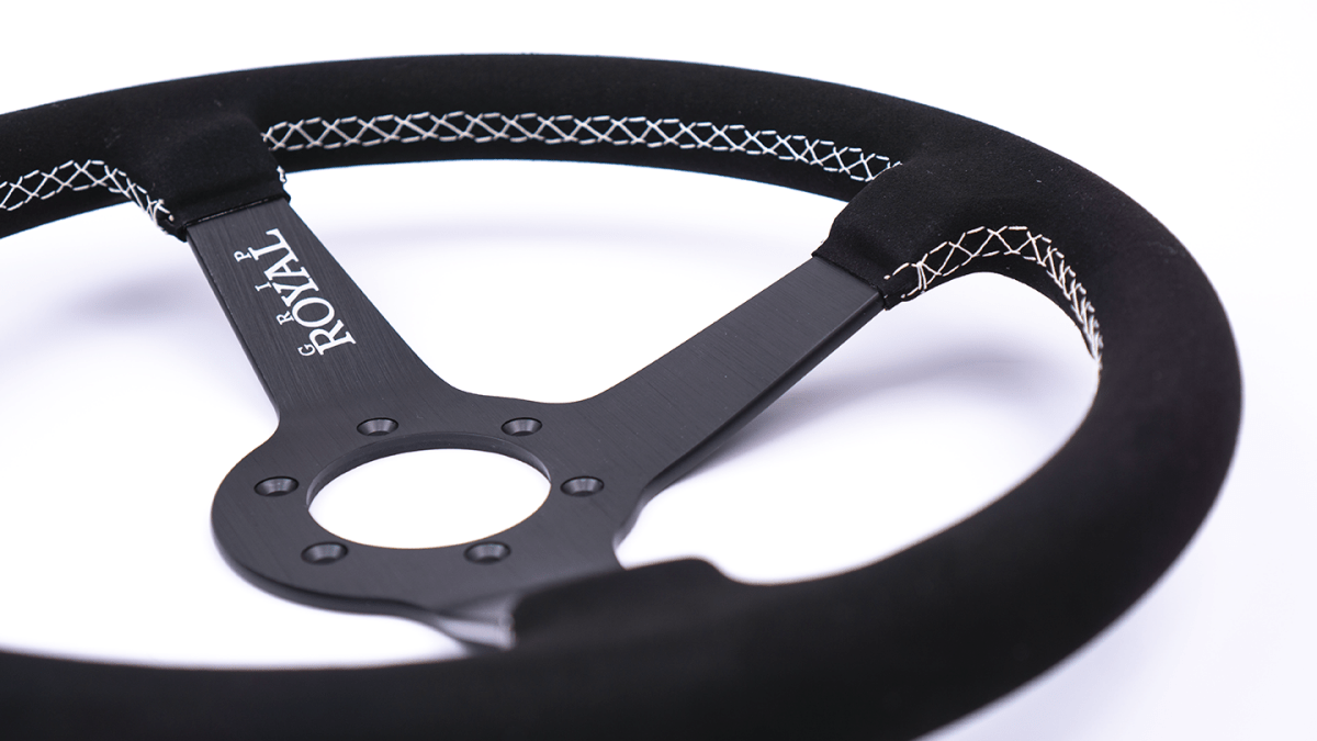 Grip Royal Brute 350mm Deep Dish Steering Wheel w/ Black Suede Grip, White Stitching, and White TDC Stripe - GRSW - BRT - S - BKWH - TDCWH - Subimods.com
