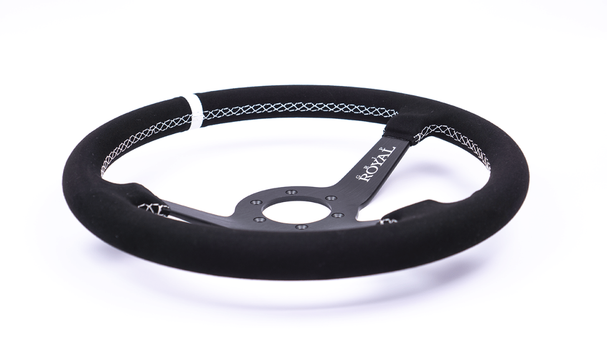 Grip Royal Brute 350mm Deep Dish Steering Wheel w/ Black Suede Grip, White Stitching, and White TDC Stripe - GRSW - BRT - S - BKWH - TDCWH - Subimods.com