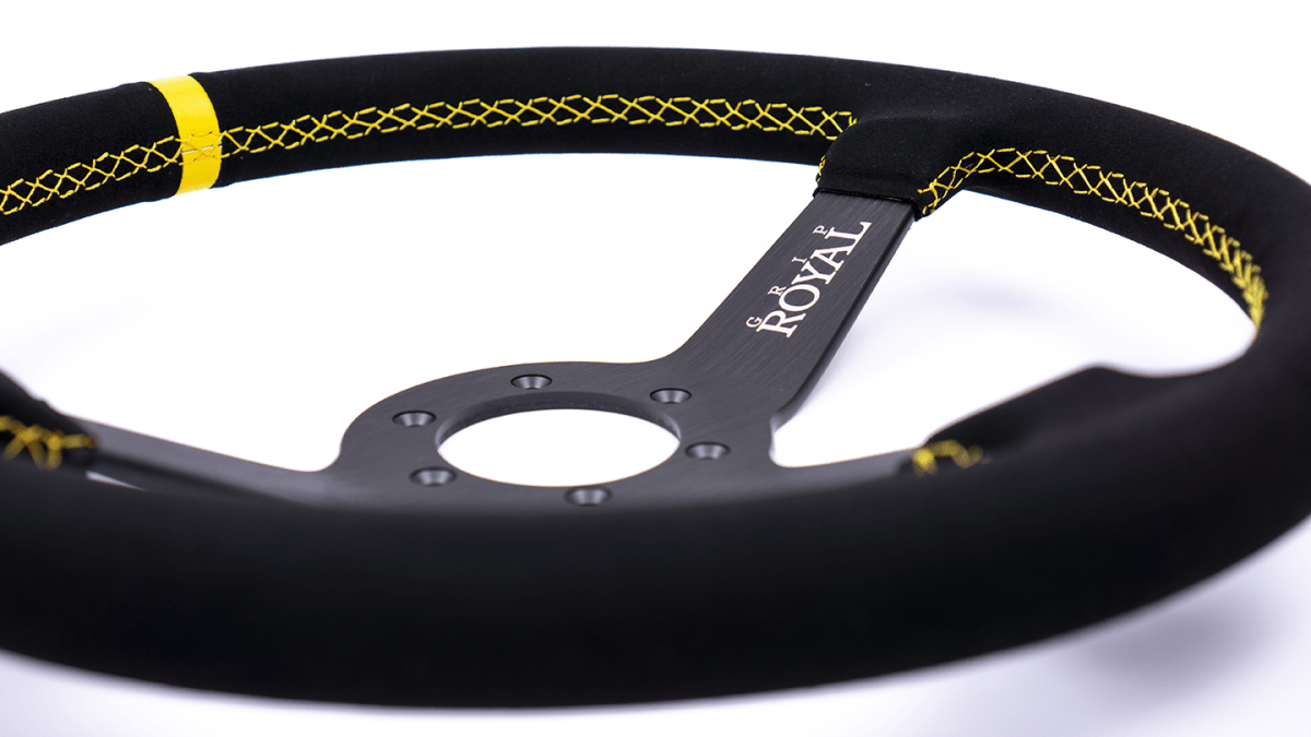Grip Royal Brute 350mm Deep Dish Steering Wheel w/ Black Suede Grip, Yellow Stitching, and Yellow TDC Stripe - GRSW - BRT - S - BKYW - TDCYW - Subimods.com
