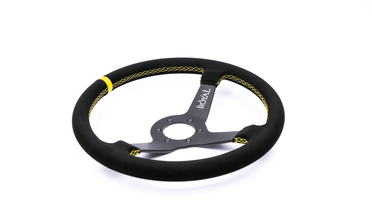 Grip Royal Brute 350mm Deep Dish Steering Wheel w/ Black Suede Grip, Yellow Stitching, and Yellow TDC Stripe - GRSW - BRT - S - BKYW - TDCYW - Subimods.com