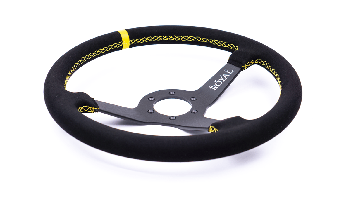 Grip Royal Brute 350mm Deep Dish Steering Wheel w/ Black Suede Grip, Yellow Stitching, and Yellow TDC Stripe - GRSW - BRT - S - BKYW - TDCYW - Subimods.com