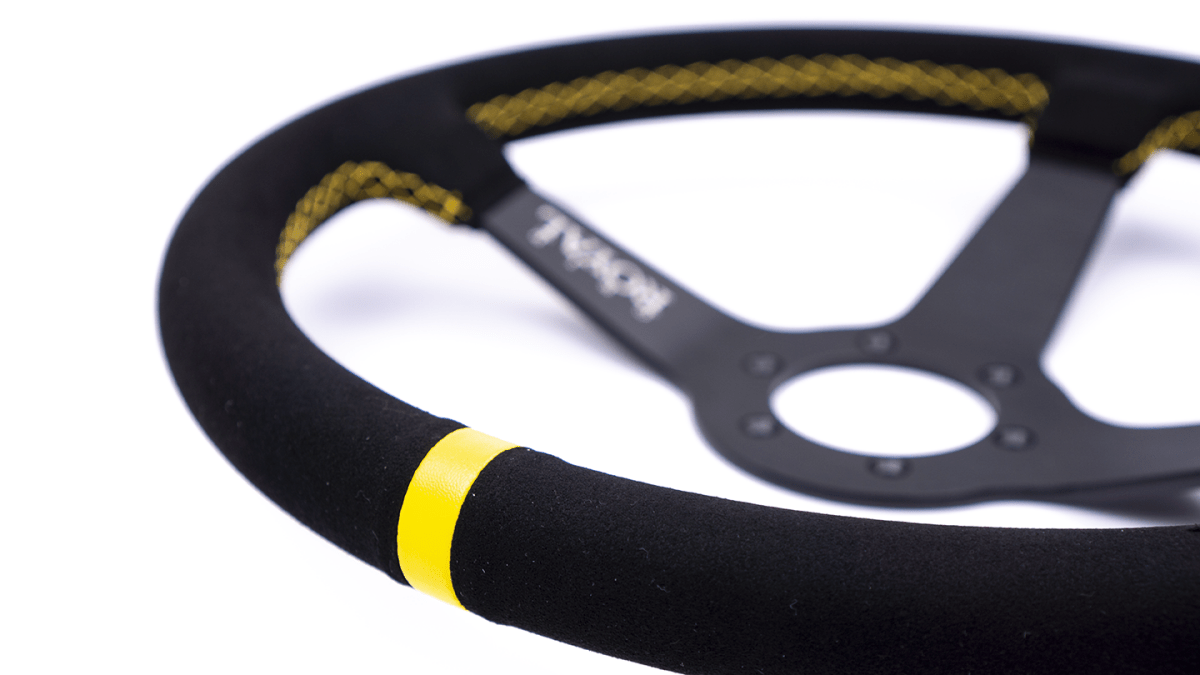 Grip Royal Brute 350mm Deep Dish Steering Wheel w/ Black Suede Grip, Yellow Stitching, and Yellow TDC Stripe - GRSW - BRT - S - BKYW - TDCYW - Subimods.com