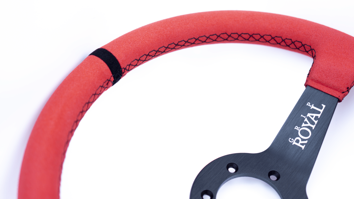 Grip Royal Brute 350mm Deep Dish Steering Wheel w/ Red Suede Grip, Red Stitching, and Black TDC Stripe - GRSW - BRT - S - RDBK - TDCBK - Subimods.com
