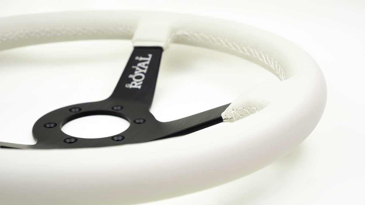 Grip Royal Brute Ghost 350mm Deep Dish Steering Wheel w/ White Leather Grip, and White Stitching - GRSW - BRT - L - WHWH - Subimods.com
