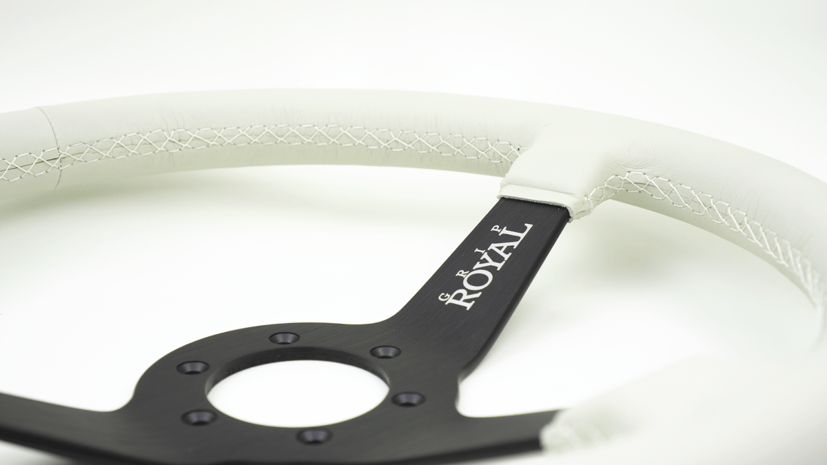 Grip Royal Brute Ghost 350mm Deep Dish Steering Wheel w/ White Leather Grip, and White Stitching - GRSW - BRT - L - WHWH - Subimods.com
