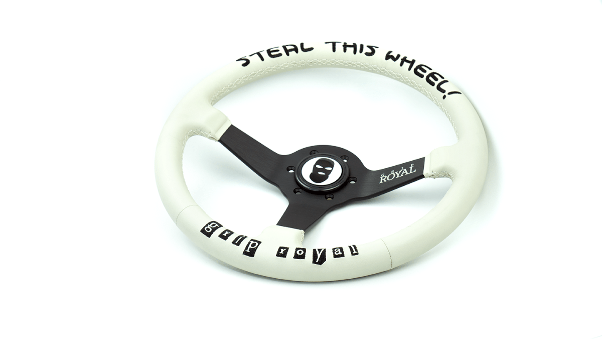 Grip Royal Brute Steal This Wheel! 350mm Deep Dish Steering Wheel w/ White Leather Grip, White Stitching, and Black Embroidery - GRSW - BRT - L - WH - STEALTHIS - Subimods.com