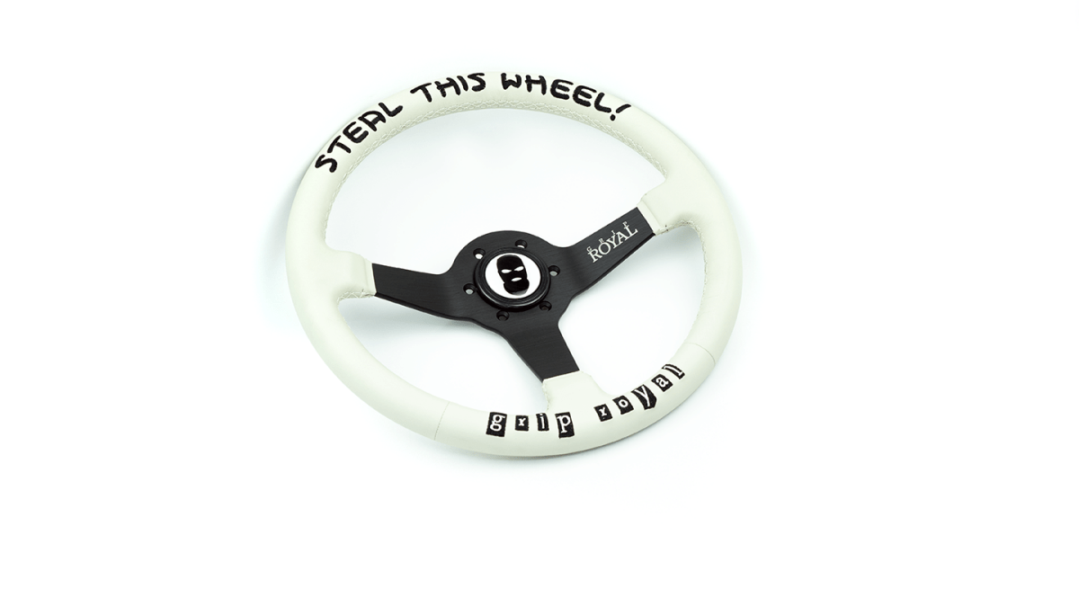 Grip Royal Brute Steal This Wheel! 350mm Deep Dish Steering Wheel w/ White Leather Grip, White Stitching, and Black Embroidery - GRSW - BRT - L - WH - STEALTHIS - Subimods.com