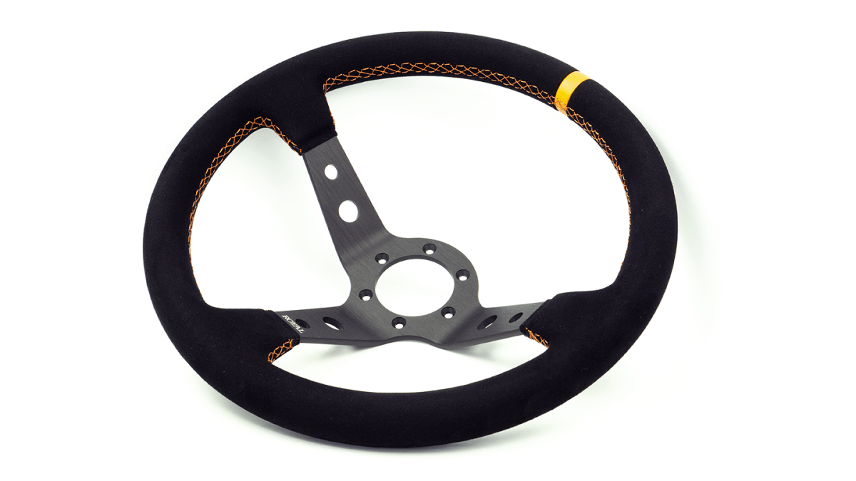Grip Royal Club 350mm Deep Dish Steering Wheel w/ Black Suede Grip, Orange Stitching, And Orange TDC Stripe - GRSW - CLUB - S - BKOR - TDCOR - Subimods.com