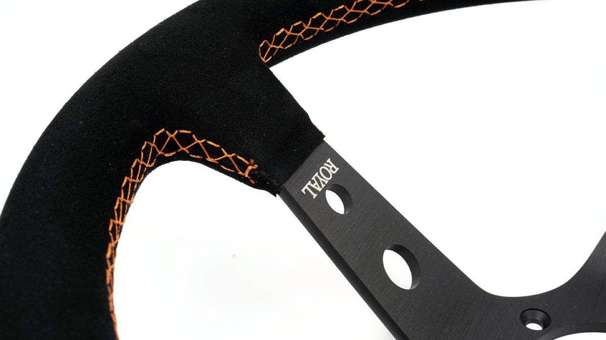 Grip Royal Club 350mm Deep Dish Steering Wheel w/ Black Suede Grip, Orange Stitching, And Orange TDC Stripe - GRSW - CLUB - S - BKOR - TDCOR - Subimods.com