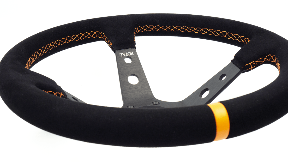 Grip Royal Club 350mm Deep Dish Steering Wheel w/ Black Suede Grip, Orange Stitching, And Orange TDC Stripe - GRSW - CLUB - S - BKOR - TDCOR - Subimods.com