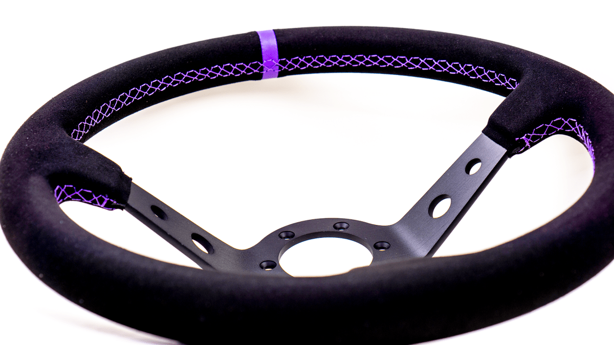 Grip Royal Club 350mm Deep Dish Steering Wheel w/ Black Suede Grip, Purple Stitching, And Purple TDC Stripe - GRSW - CLUB - S - BKPP - TDCPP - Subimods.com
