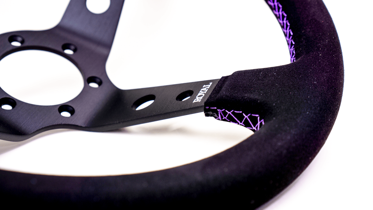 Grip Royal Club 350mm Deep Dish Steering Wheel w/ Black Suede Grip, Purple Stitching, And Purple TDC Stripe - GRSW - CLUB - S - BKPP - TDCPP - Subimods.com