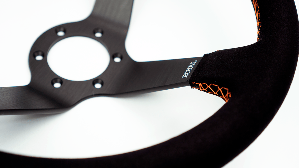 Grip Royal Club Solid 350mm Deep Dish Steering Wheel w/ Black Suede Grip, Orange Stitching, and Orange TDC Stripe - GRSW - CLUBSOL - S - BKOR - TDCOR - Subimods.com
