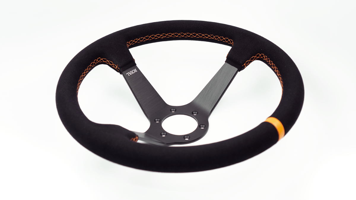 Grip Royal Club Solid 350mm Deep Dish Steering Wheel w/ Black Suede Grip, Orange Stitching, and Orange TDC Stripe - GRSW - CLUBSOL - S - BKOR - TDCOR - Subimods.com