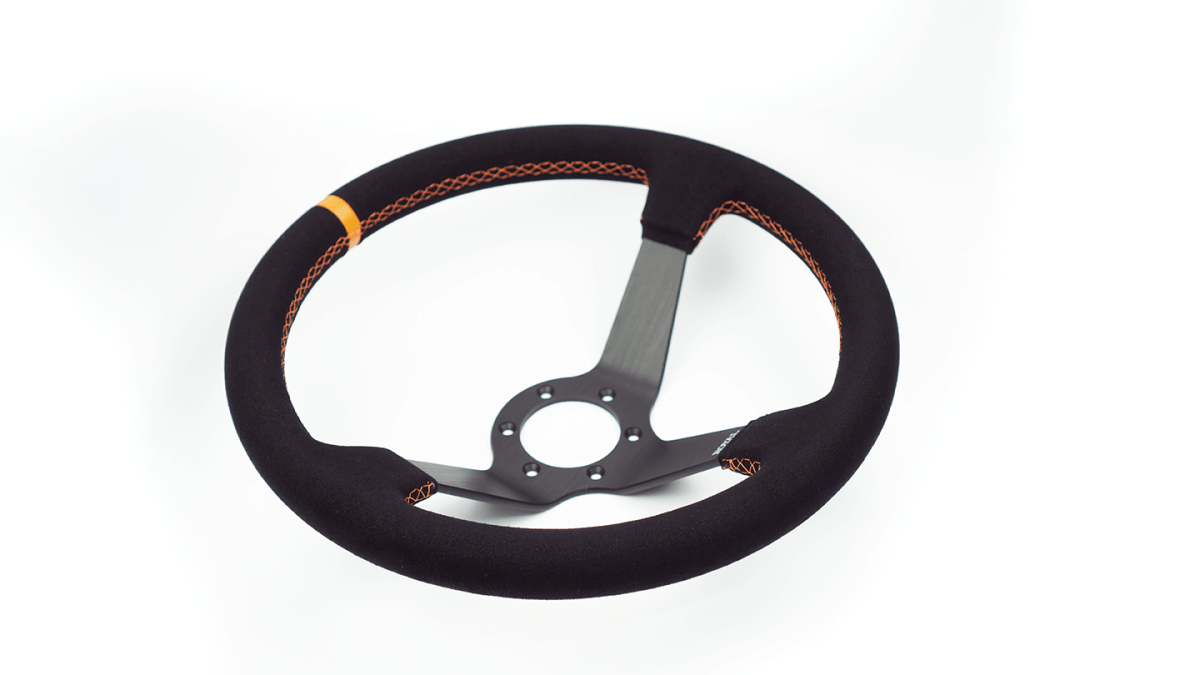 Grip Royal Club Solid 350mm Deep Dish Steering Wheel w/ Black Suede Grip, Orange Stitching, and Orange TDC Stripe - GRSW - CLUBSOL - S - BKOR - TDCOR - Subimods.com