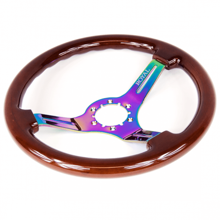 Grip Royal Mew 350mm Deep Dish Steering Wheel w/ Woodgrain Grip and Neochrome Center - GRSW - WD - MEW - Subimods.com