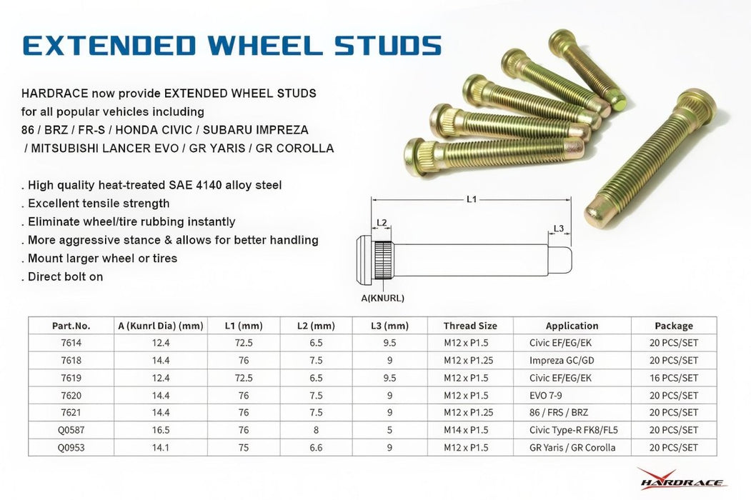 Hardrace Extended Wheel Stud 2002-2007 WRX/STI / 2022-2026 WRX - HR-7618 - Subimods.com
