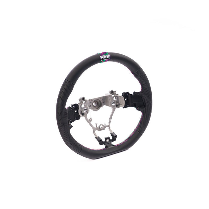 HKS Direct Fit Steering Wheel Black Smooth Leather w/ Perforated Grip, Oil Slick Stitching, and Embroidered HKS Logo 2015 - 2021 WRX / 2015 - 2021 STI - 51999-AF002 - Subimods.com