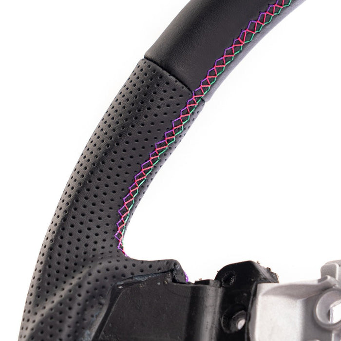 HKS Direct Fit Steering Wheel Black Smooth Leather w/ Perforated Grip, Oil Slick Stitching, and Embroidered HKS Logo 2015 - 2021 WRX / 2015 - 2021 STI - 51999-AF002 - Subimods.com