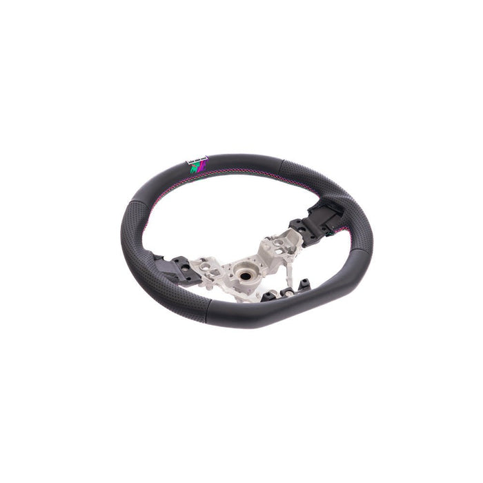 HKS Direct Fit Steering Wheel Black Smooth Leather w/ Perforated Grip, Oil Slick Stitching, and Embroidered HKS Logo 2015 - 2021 WRX / 2015 - 2021 STI - 51999-AF002 - Subimods.com