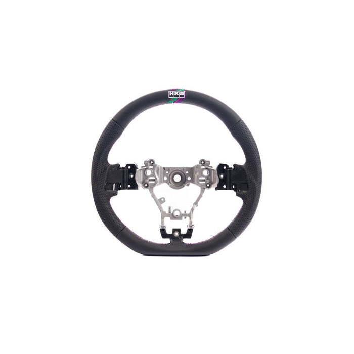 HKS Direct Fit Steering Wheel Black Smooth Leather w/ Perforated Grip, Oil Slick Stitching, and Embroidered HKS Logo 2015 - 2021 WRX / 2015 - 2021 STI - 51999-AF002 - Subimods.com
