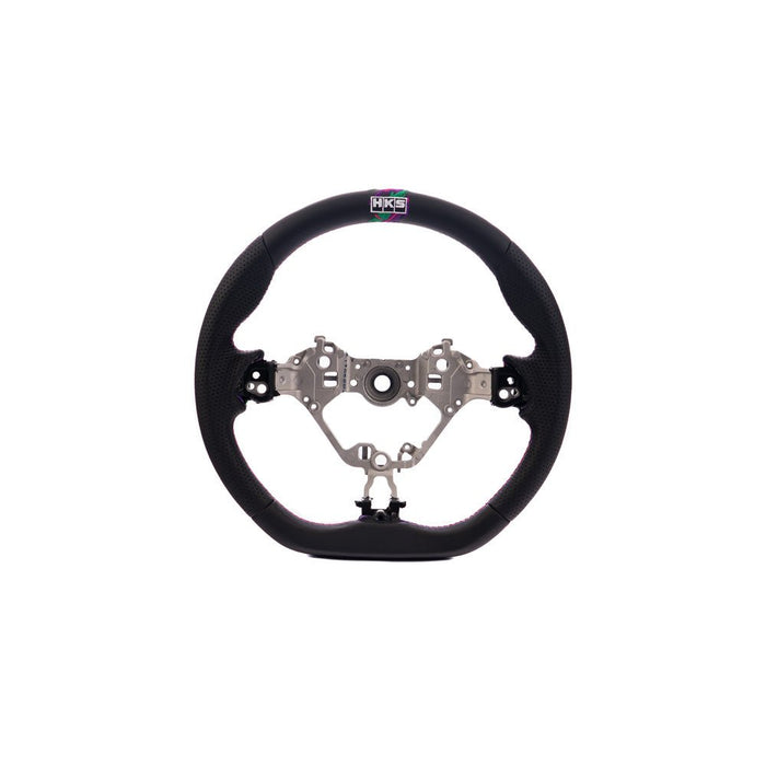 HKS Direct Fit Steering Wheel Black Smooth Leather w/ Perforated Grip, Oil Slick Stitching, and Embroidered HKS Logo 2017 - 2025 BRZ / 2022 - 2025 GR86 / 2017 - 2020 GT86 - 51999-AT004 - Subimods.com