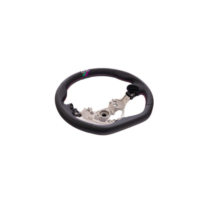 HKS Direct Fit Steering Wheel Black Smooth Leather w/ Perforated Grip, Oil Slick Stitching, and Embroidered HKS Logo 2017 - 2025 BRZ / 2022 - 2025 GR86 / 2017 - 2020 GT86 - 51999-AT004 - Subimods.com
