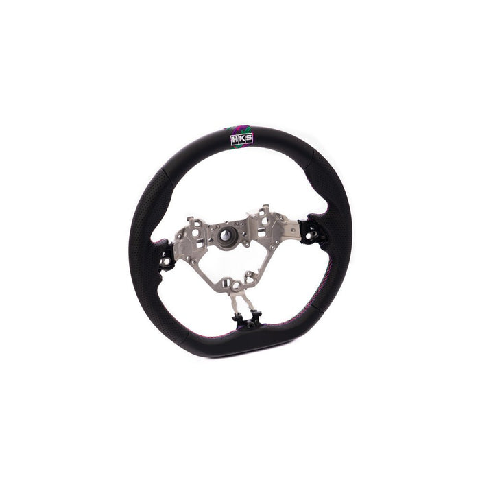 HKS Direct Fit Steering Wheel Black Smooth Leather w/ Perforated Grip, Oil Slick Stitching, and Embroidered HKS Logo 2017 - 2025 BRZ / 2022 - 2025 GR86 / 2017 - 2020 GT86 - 51999-AT004 - Subimods.com